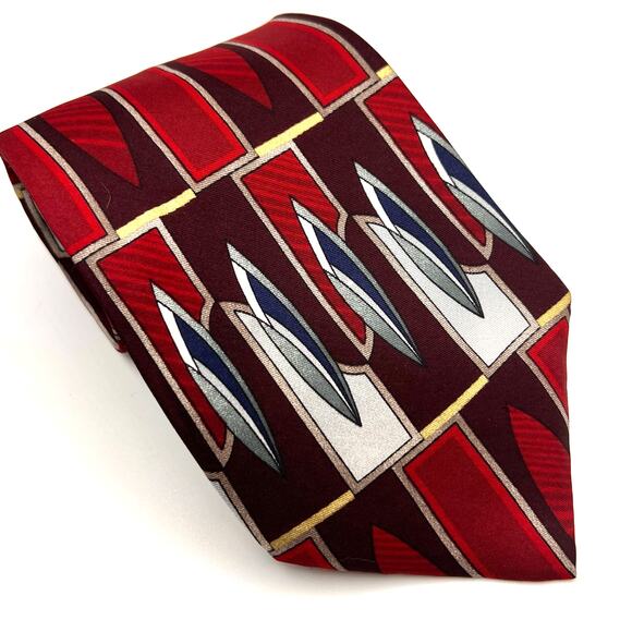Halston -Men's Tie - Silk Geometric Y2K Necktie - Red Gray Blue 56" Long - Picture 1 of 5